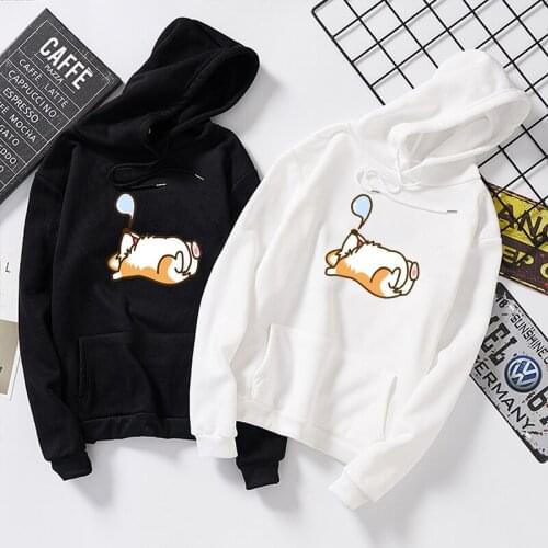 New Fashion Kawaii Corgi Sleeping Funny Print Hooded Female Long Sleeve Fashion Harajuku Women Hoodies Sweatshirts Pullover Tops
