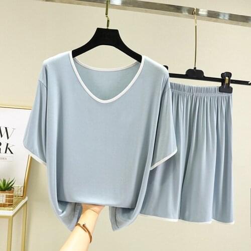 Modal pajamas womens new summer 2021 thin V-neck cotton silk short sleeve suit large size loose home clothes