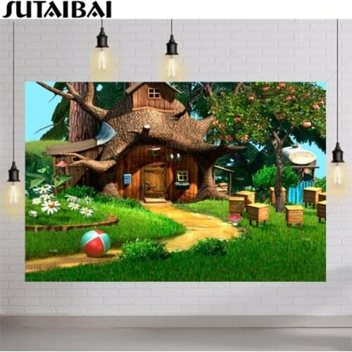 Gril and The Bear Tree House Party Backdrop Supplies Cartoon Birthday Baby Shower Banner Spring Woodland Green Grass Kids Party