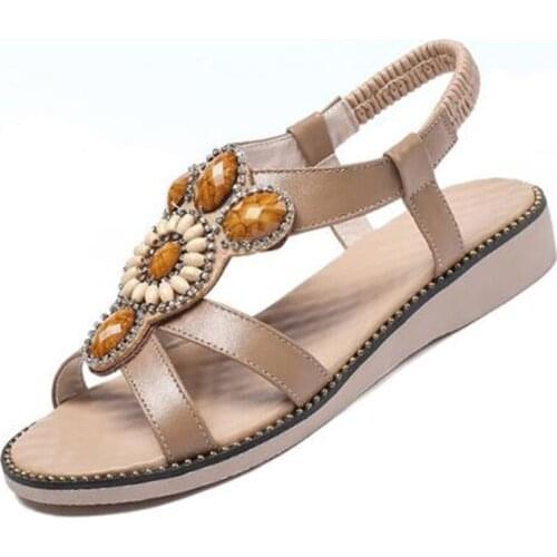 2020 Hot Summer New Rhinestone String Bead Flat Beach Sandals Genuine Leather Women Sandals Comfort Light Fashion Casual Sandals