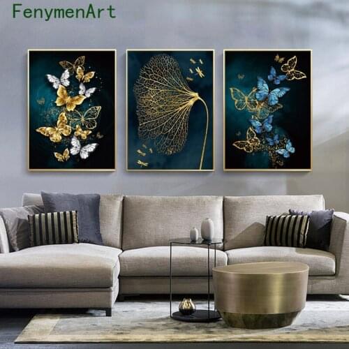 Modern Blue Gold Butterfly Canvas Painting Dragonfly Plant Abstract Poster Print Nordic Wall Art Picture Mural Room Home Decor
