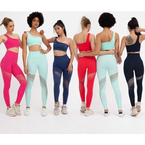 Knitting Yoga Set Women Fitness Clothing Sportswear Woman Gym Leggings + Padded Push-up Strappy Sports Bra Fitness Suit