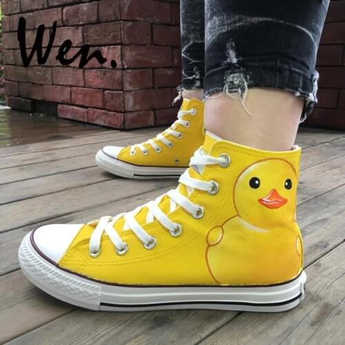 Wen Custom Design Cute Cartoon Yellow Duck Hand Painted Skateboard Shoes High Top Unique Presents Canvas Clause Unisex Sneakers