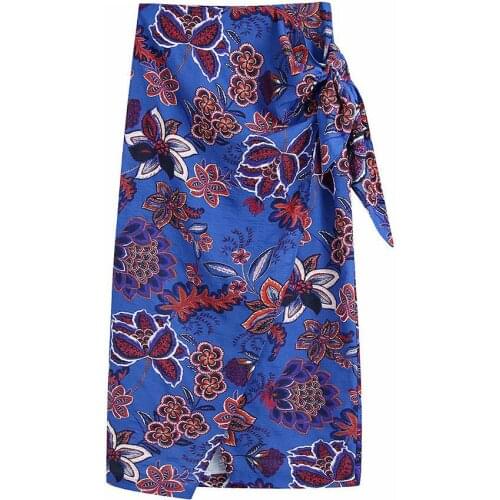 Women 2021 Chic Fashion With Bow Tie Floral Print Midi Sarong Skirt Vintage High Waist Slit Hem Female Skirts Mujer