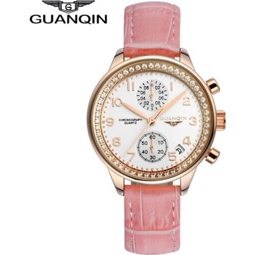GUANQIN Leather Watches Women Fashion Luxury Brand Watches Chronograph girl new Quartz crystal Clock Elegant Dress Wristwatches