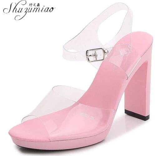 SHUZUMIAO Sandals For Women Summer New Fashion Design Transparent Square Heel Party Shoes 11cm High Heels Ladies Open Toe Sandal