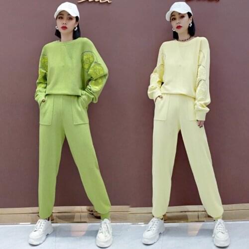 Two Piece Set Embroidered Knit Women Suit 2020 Autumn Tracksuit Winter 2 Piece Set Loose Long Sleeve Sweater Knit Pants Suit
