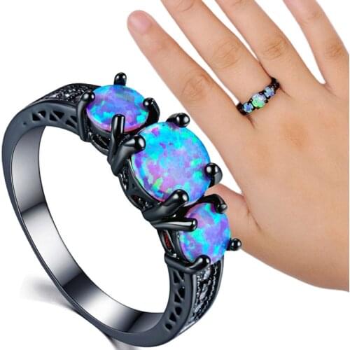 Black Titanium New Design Jewelry For Women Wedding Rings Bague Femme Oval Rainbow Fire Opal Ring Engagement