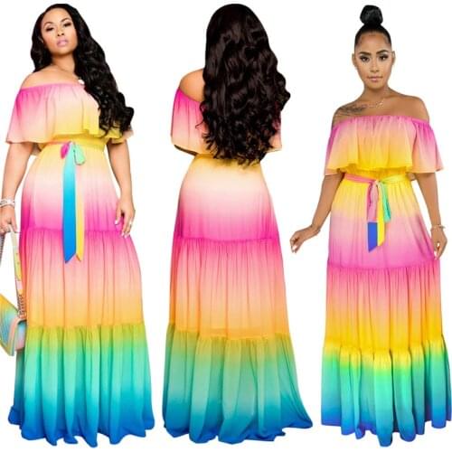 Wholesale Dropshpping Summer Women Dress Sweet Temperament Tie Dye Stitching Printing Sexy Word Shoulder Big Swing Long Dress