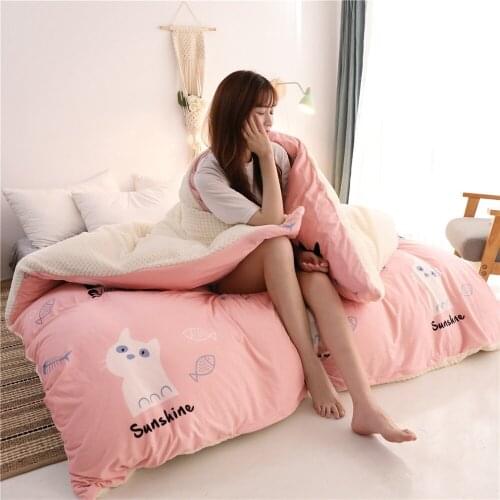 Winter Thick And Warm Short Plush Quilt Cover Pink Cartoon Cat Double Large Double-Sided Coral Fleece Not Including Pillowcase