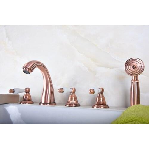 Antique Red Copper Brass Widespread Three Handles Deck Mounted 5 Holes Bathroom Tub Faucet Mixer Tap With Handshower mtf189