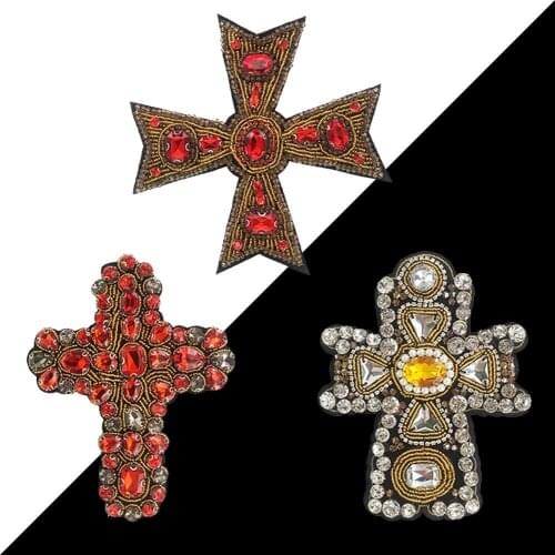 Handmade rhinestone beaded appliqués in newly designed cross-shaped beaded appliqué clothing CZ91011113