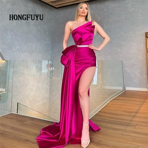 Asymmetric Fuchsia Evening Dresses Robe de Soiree Sexy Side Slit Mermaid Party Dress Long Black Satin Beading Formal Gow