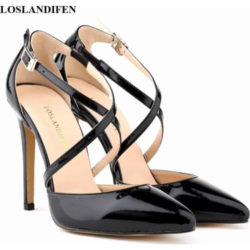 Sexy Cross Cut-Outs Buckle Party Sandals 2021 New Thin Heels Patent Leather Womens Sandals Pointed Toe Shallow High Heels Shoes