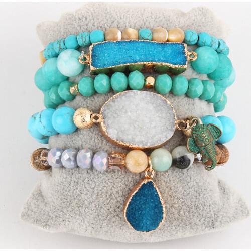 RH New Designer Boho Beaded Bracelet Set Natural Stone & Druzy 5pc Bracelets Bangles Set For Fashion Jewelry