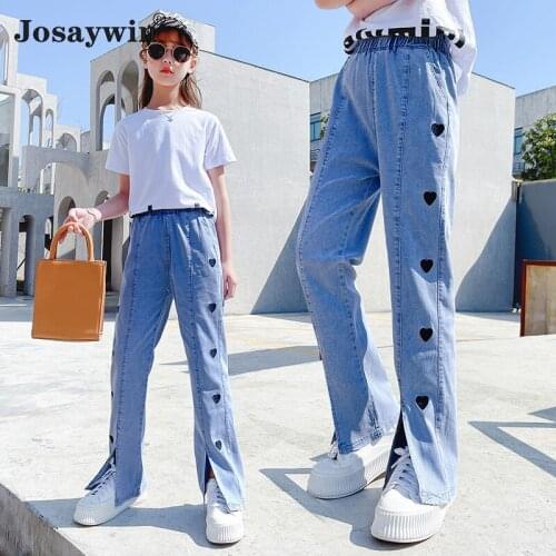 Children Jeans for Girls Teenagers Students Pants Denim Elastic Waist Girls Popular Print Love Streetwear Cowboy Long Trousers