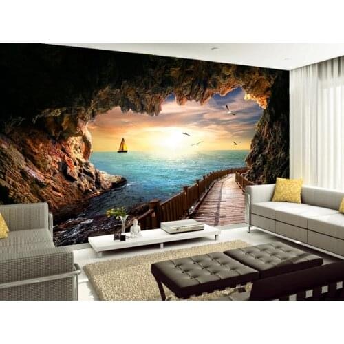 Canvas Wall Mural Sunset Seascape From Cave Long Gallery Photo Wall Paper HD Print 3D Wallpaper for Walls Custom