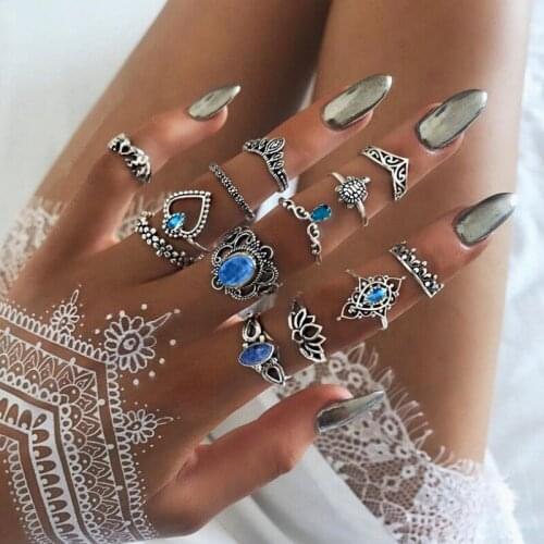 Vintage New Women 13 Pcs/set Retro Inlaid Diamond Carved Blue Gem Joint Ring Set Jewelry 2021