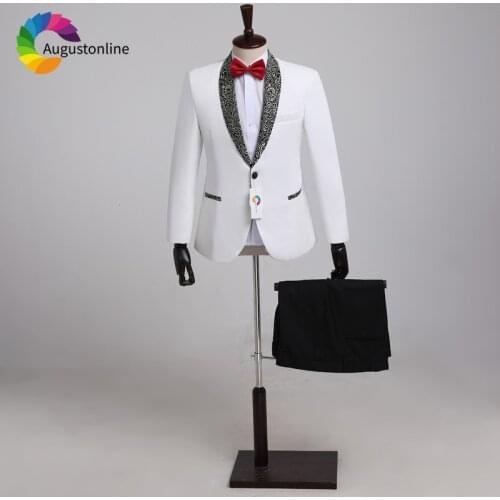 Men Suits 2019 White Floral Pattern Shawl Lapel Wedding Suits Slim Fit Formal Tuxedos Costume Homme 2 Pieces Ternos Masculino