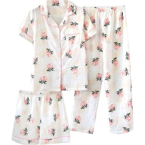 Soft Three-piece Pajamas Set For Women Female Spring and Autumn Lapel Casual Loose Style Comfortable Homewear Short-sleeved