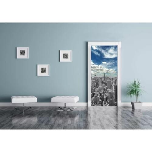 Door Mural Black White City Under Sky 3D Landscape Door Sticker DIY Self-adhesive Waterproof Wallpaper Poste for Home Decoration