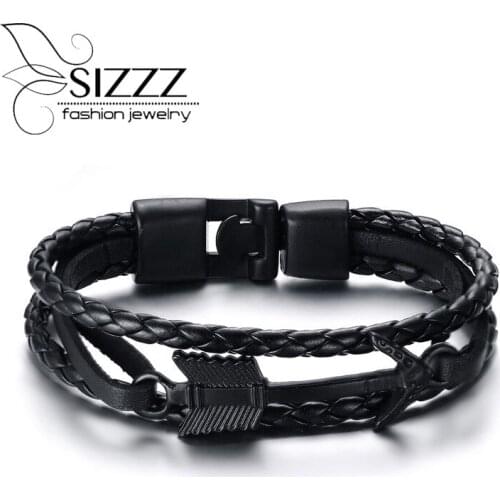 SIZZZ 20cm Long 15.5mm Wide Stainless steel arrow leather hand rope black personality men Bracelet&Bangles