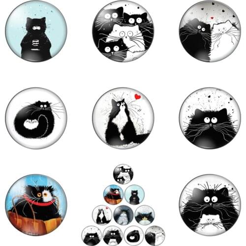 Cute Black and White Cat Art 2mm/20mm/25mm/30mm Photo Glass Cabochon Demo Flat Back Making Findings