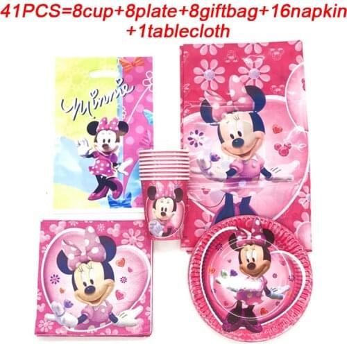 Kids Birthday Party Decorations Minnie Mouse Gift Bags Disposable Cup Plates Napkin Pink Christmas Party Supplies Tablecloth