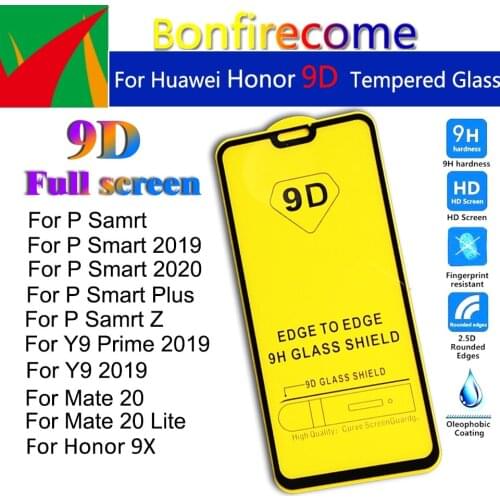 50Pcs 9D Full Cover Tempered Glass For Huawei P Smart Z Plus Y9 Prime 2019 Screen Protector For Mate 20 Lite Honor 9X Film