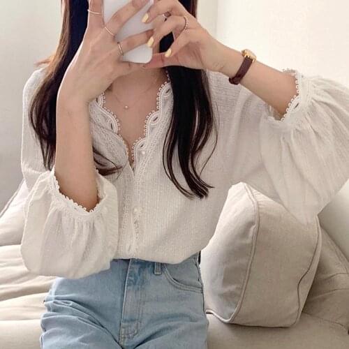Retro Long Sleeve V-neck Lace Shirt Top for Women Blouse Women Blusas Ropa De Mujer