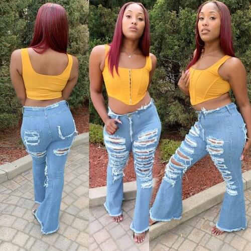 FNOCE 2020 womens ripped jeans pants large size fashion trends sexy solid high waist tight stretch hole slim denim Flare Pants