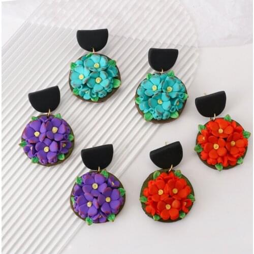 Handmade Blue Purple 3D Flowers Clay Drop Earrings for Women Round Polymer Clay Unusual Dangle Earrings For Ethnic Jewelry 2021