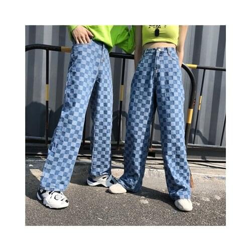 2020 Women Blue Plaid Jeans Casual Straight High Waist Trousers Pants For Ladies Grils Ankle Length Korean Boyfriend Jean 4xl