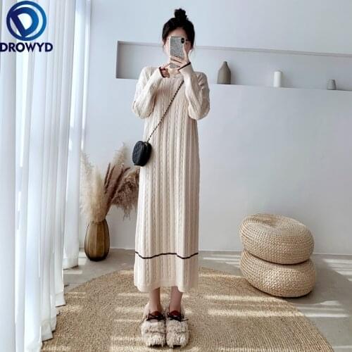 2021 Long Inner Collocation Coat Knitted Dress Female Autumn/winter Loose and Thin Twist Sweater Dress Stretch Pullover Dresses