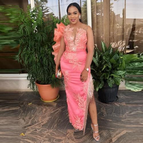 One Shoulder Coral Prom Dresses Ruffles Long Sleeves Sheer O Neck Side Aplit Tassels Mermaid Evening Dress Women Party Dress