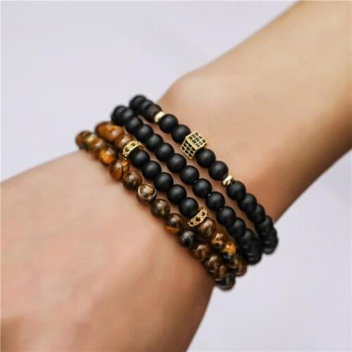 4pcs/set Fashion CZ Cube Dice Charm Bracelet Sets Classic 6mm Matte & Tiger Eye Stone Bracelet Sets For Men Pave CZ Jewelry Gift