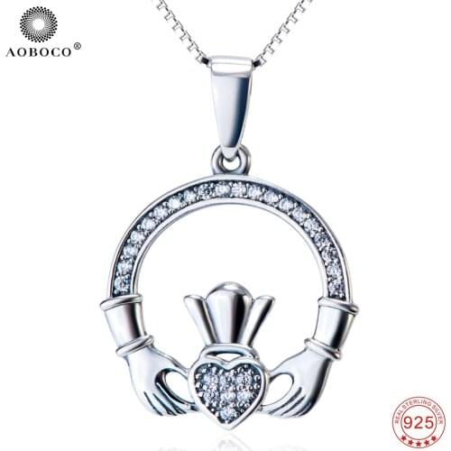 AOBOCO 2018 Design 100% Fine 925 Sterling Silver Necklace Crystal Hand Hold Heart Crown Pendants Choker Women Necklaces GNX11424