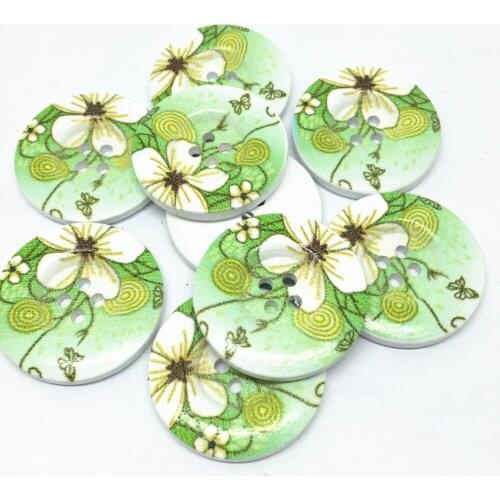 40pcs 30mm 3CM Large Wooden Buttons Green Flowers 4 Holes Round Florals DIY Sewing Accessories Embellishments Crafts