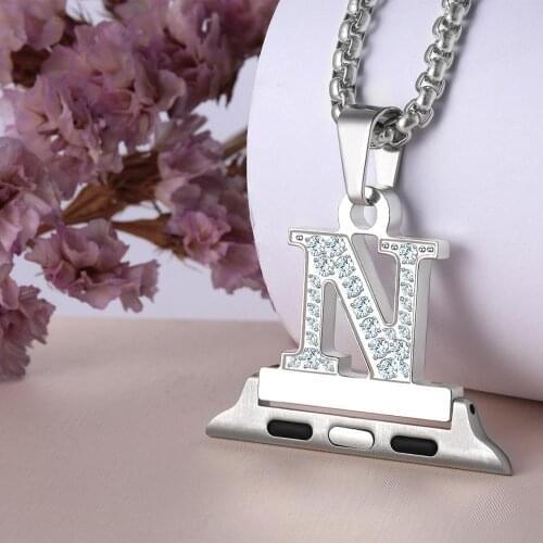 Letter A-Z Necklace Pendant Watch Connector Adapter Stainless Steel Chain Compatible for Smart Watch 38mm 40mm 42mm 44mm
