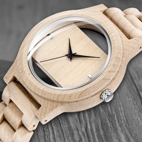 Unique Hollow Dial Men Women Natural Wood Watch with Full Wooden Bamboo Bangle Quartz Wristwatch Novel Handmade Clock Gift