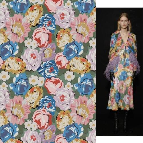 European brand custom high-definition digital printing satin colorful big flower skirt garment fabric summer fabric customizatio