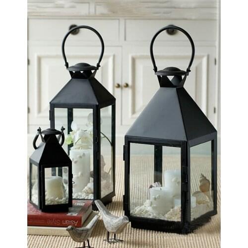 European Retro black Candle Holders metal Glass Lantern wind proof Candlestick Wedding centerpieces props home decoration