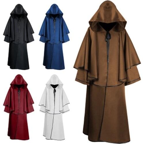 Halloween Medieval Vampire Pastor Assassin Grim Reaper Hooded Cloak Robe Cosplay Costume Masquerade Clothes White Red Black Blue