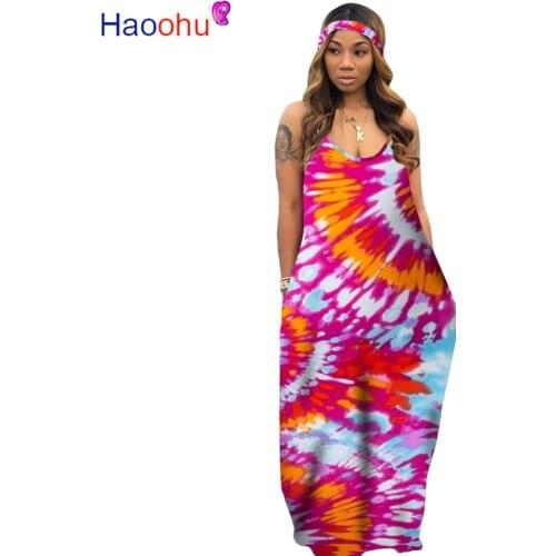 HAOOHU Women Tie Dye Black Hole With Headscarf Long Maxi Dress Spaghetti Strap Loose Beach Female Elegant Dresses Vestidos