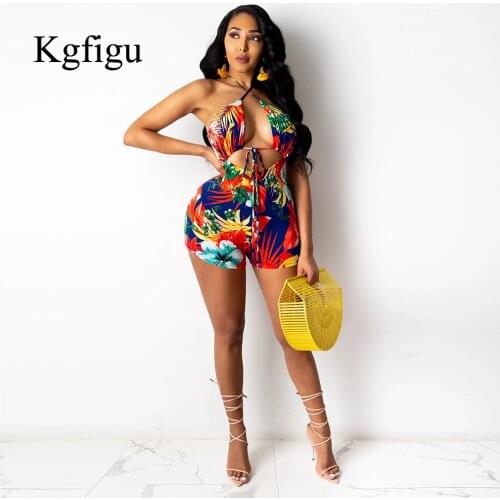 KGFIGU Print Summer Holiday Jumpsuits Women Sexy Backless Stretchy Outfits Lady Casual Soft Clothing Cute Rompers Boho Playsuits