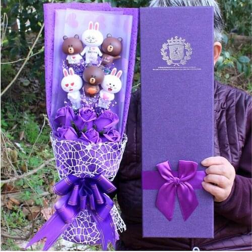 Bear and rabbit cartoon soap flower plush bouquet toy Valentines Day birthday Gifts toy
