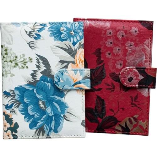 Red buckled card peony flower pu leather Fashion unisex passport holder bag travel ID credit ticket passport soft folder cover