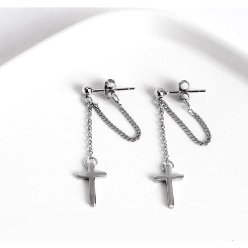 Fashion Silver Color Tiny Cross Stud Earring For Women Cute Girls Tassel Chain Earing Female Jesus Jewelry Party Christian Gift