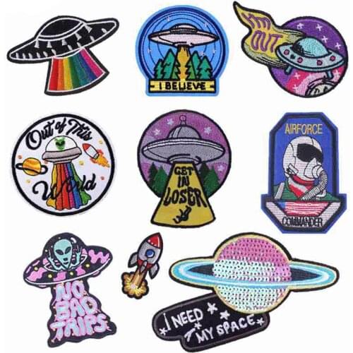 Cartoon UFO Iron on Patches Embroidery Aircraft Appliques Hipster Clothes DIY Thermo Stickers Alien Airforce Commander Badges