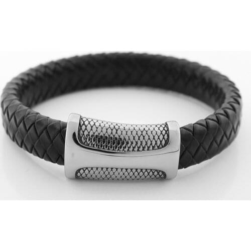 Men Wristband 12MM Simple Wide Genuine Braided Leather Bracelet Never Fade 316l Stainless steel Punk Snake Skin Magnet Clasp